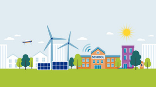Grafische Illustration mit Häusern, Windrädern, Schulgebäude
