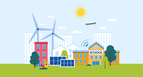 Illustration of a small town with a school building, wind turbines and trees. The sun is shining.